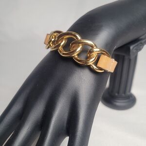 Coach Brown Leather & Brass Tone Chain Bracelet